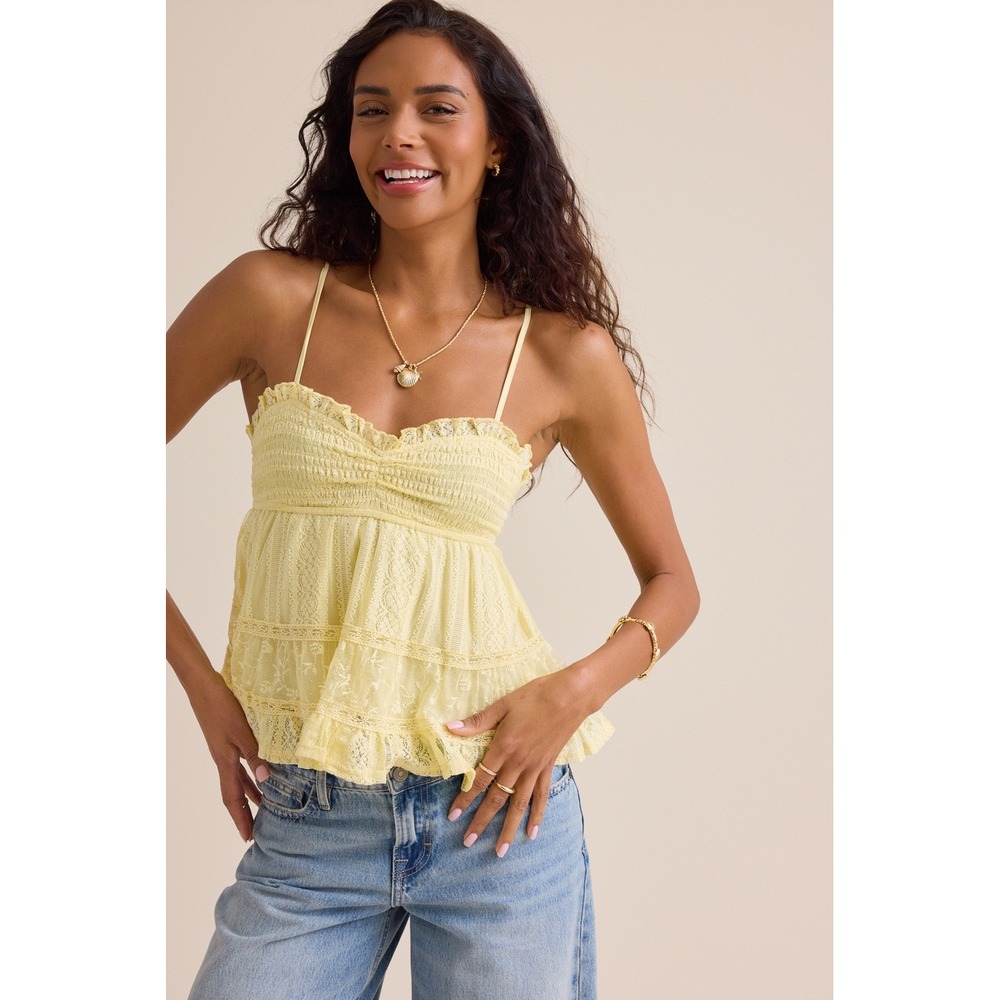 Altar'd State Yellow Lace Tiered Babydoll Cami Top Smocked Size 3XL NEW